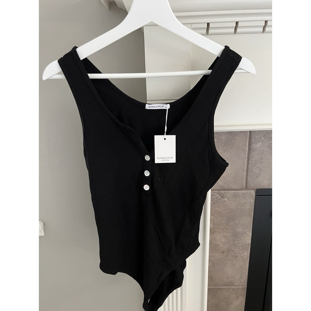 NWT Mangopop Henley Bodysuit Ribbed Size L Button Details